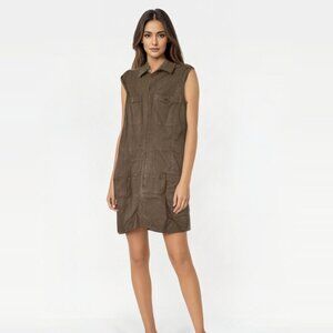Spicy Sugar Khaki Sleeveless Collar Military Utility Dress 100% Cotton Size S